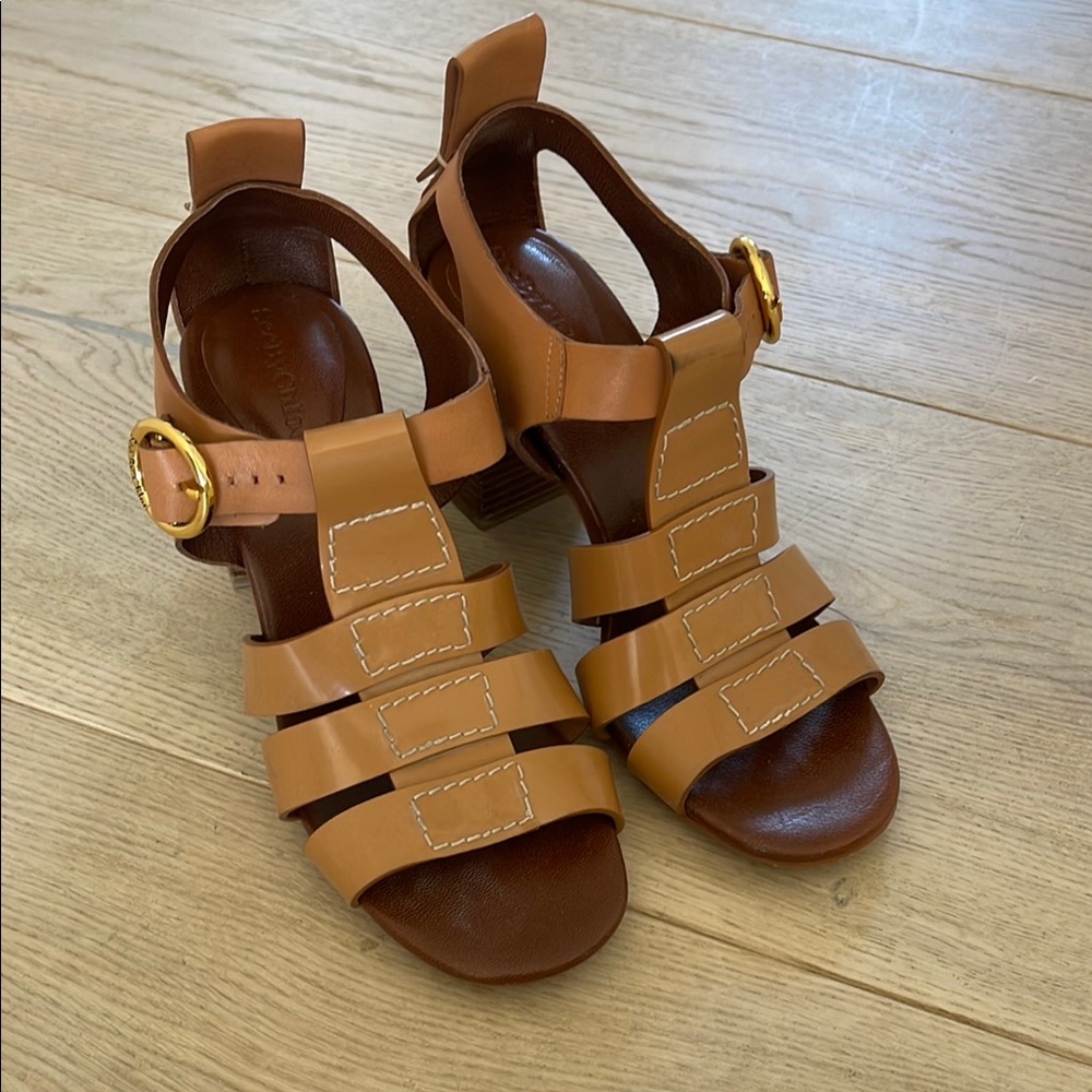 See By Chloe Tan Sandals with Gold Buckle
